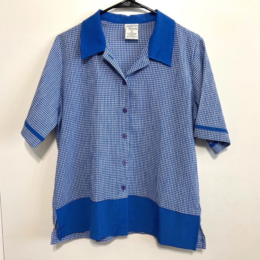 Allison Daley Vintage Blue Gingham Check Short Sleeve Button Up Shirt Size‎ 10